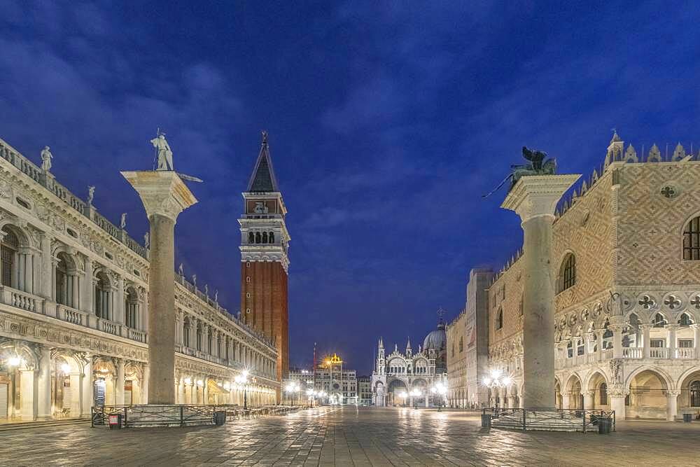 Dawn on the waterfront near Piazza San Marco, Campanile and Doge's palace