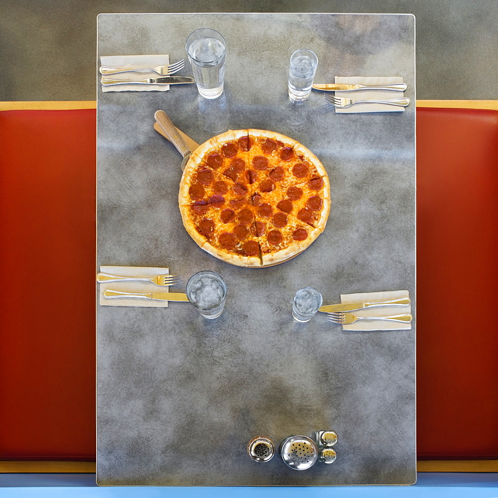 Pizza on table in restaurant, Shoreline, Washington, United States of America