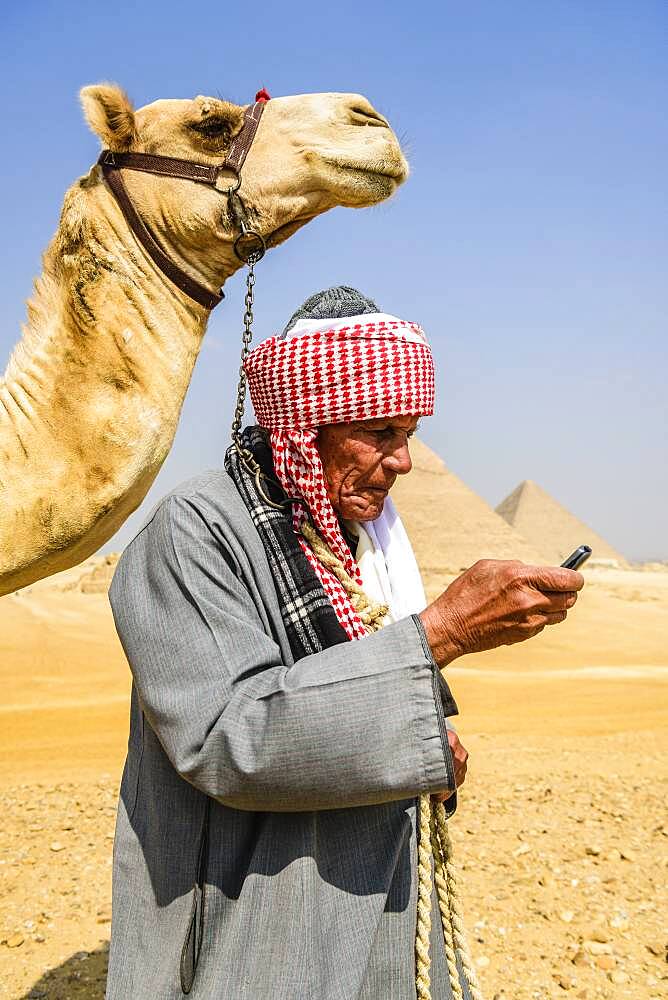 A guide in traditional Arab dress, robe and turban using a mobile phone, and his camel.