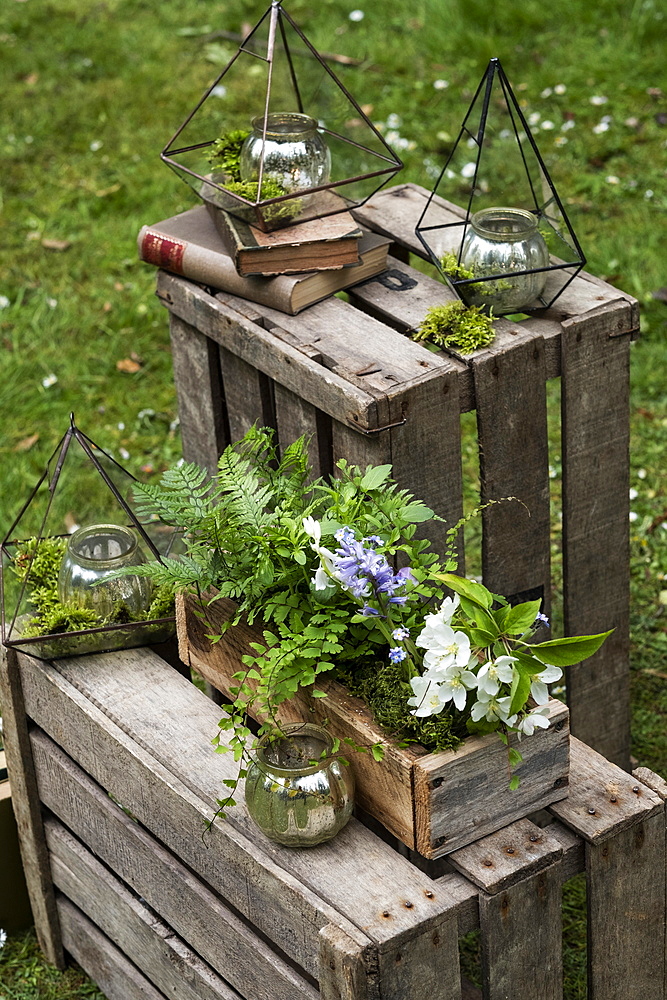 Crate with wild flowers, decorations for a woodland naming ceremony.