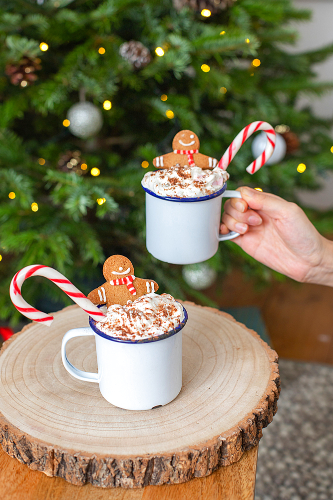 Christmas, mugs of egg nog with whipped cream and candy canes.