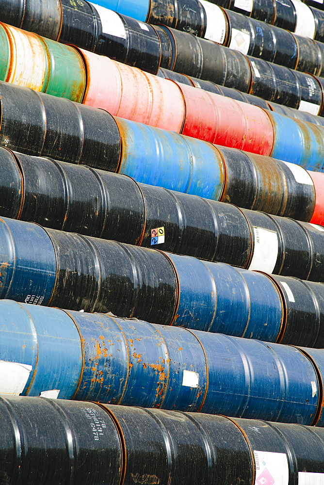 Oil barrels stacked up, Seattle, Washington, USA