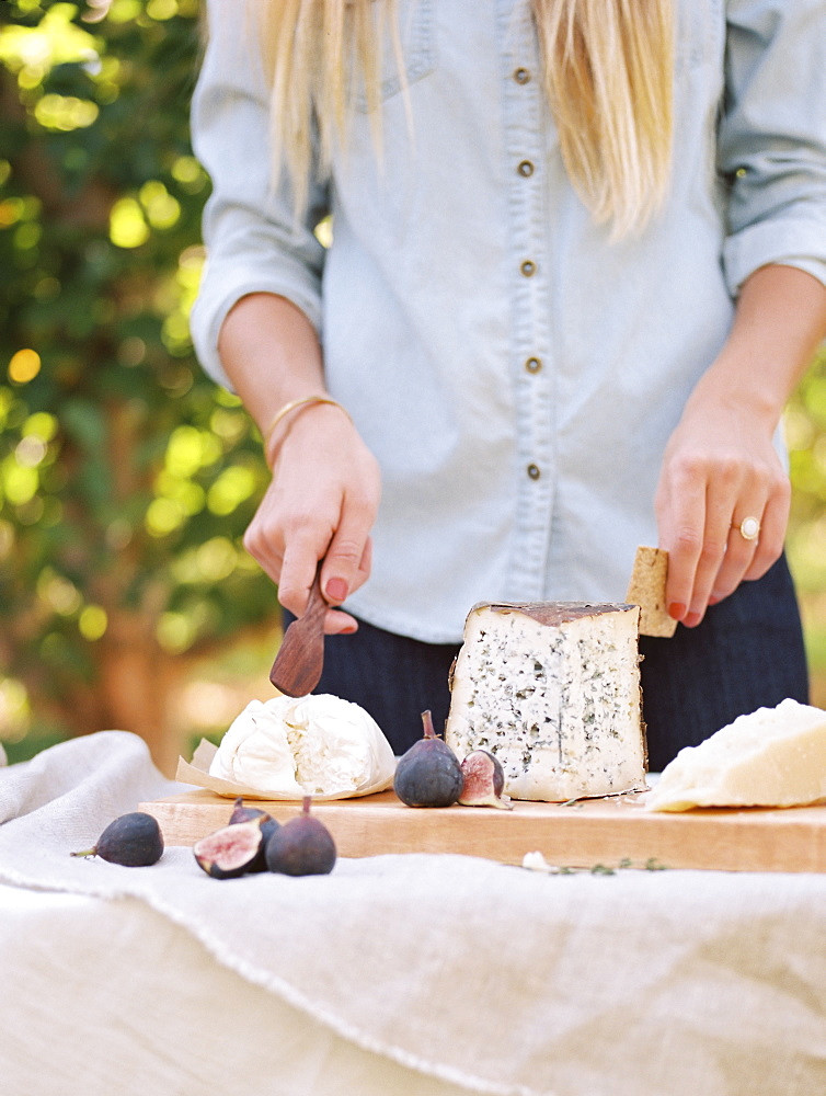 An apple orchard in Utah. Woman standing at a table with food, a cheese board, Sataquin, Utah, United States of America