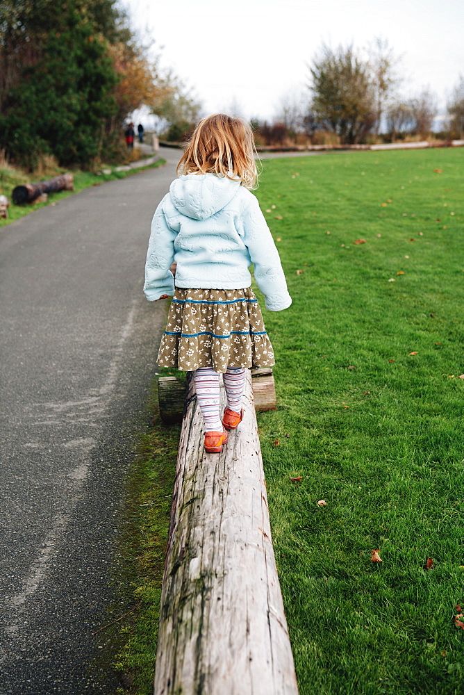 View from behind of a four year old girl walking and balancing on a log, King County, Washington, USA