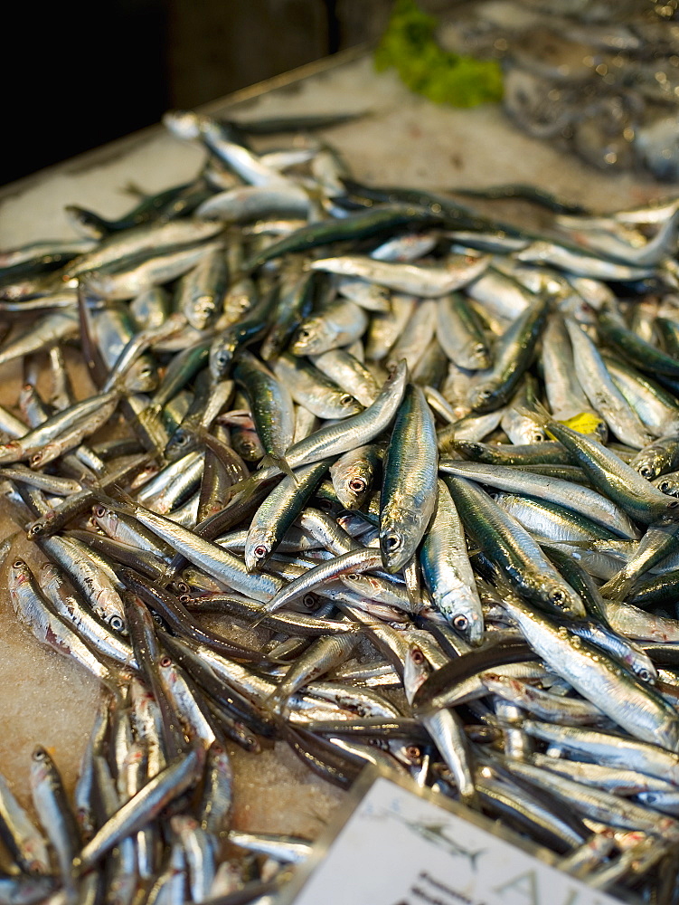 Fresh fish on a stall at the Rialto market, Venice, Italy