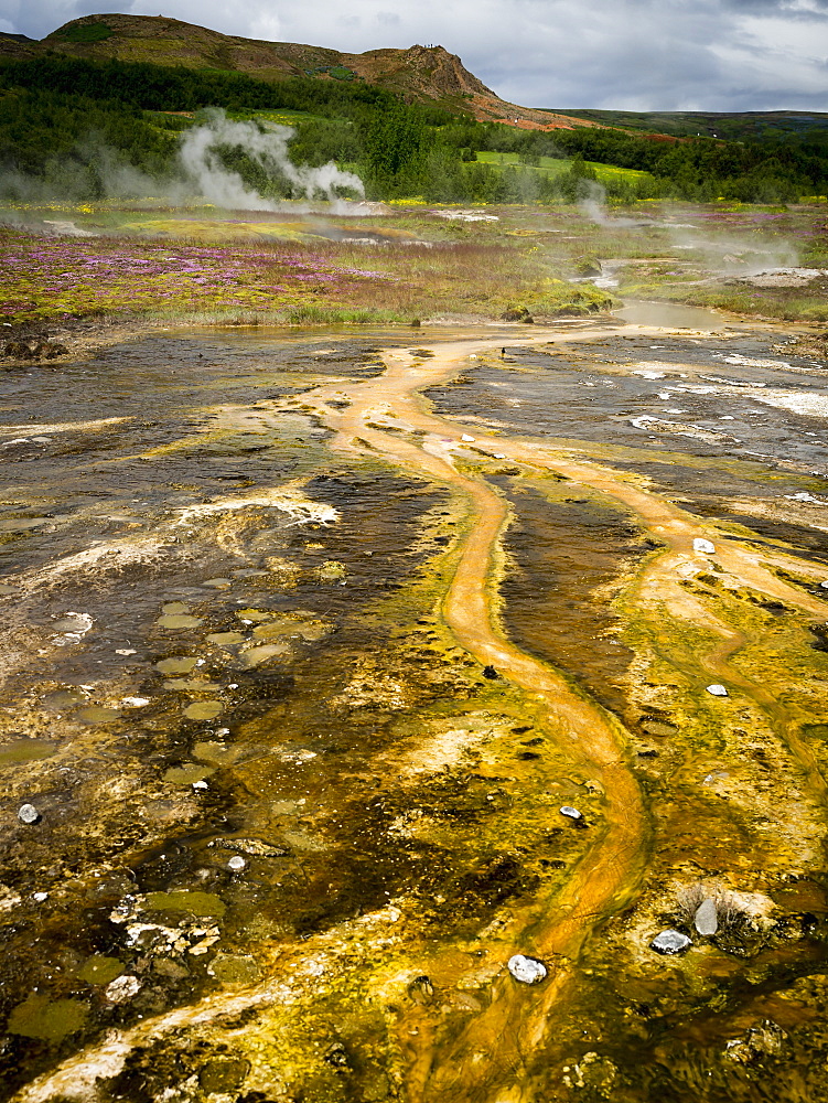 Steam rising from hot springs near a Geysir in an area of geothermal activity, Iceland