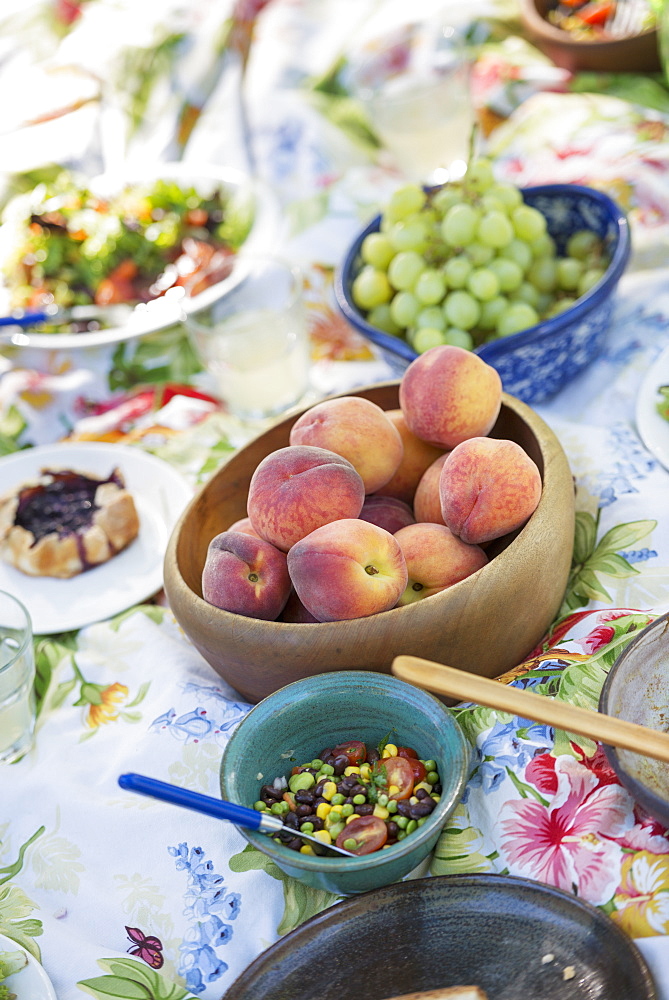 A garden table laid with a buffet of salad, fresh vegetables and fruit, Woodstock, New York, USA