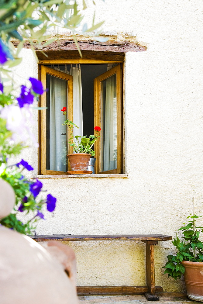 Open Window With Potted Plant and Bench, Spoleto, Italy