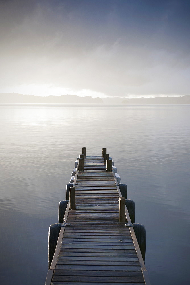 Wooden Jetty Over a Lake, Taupo, North Island, New Zealand