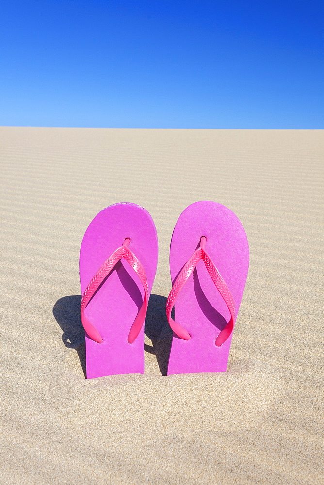 Pink flip flops in sand, Florence, Oregon, USA