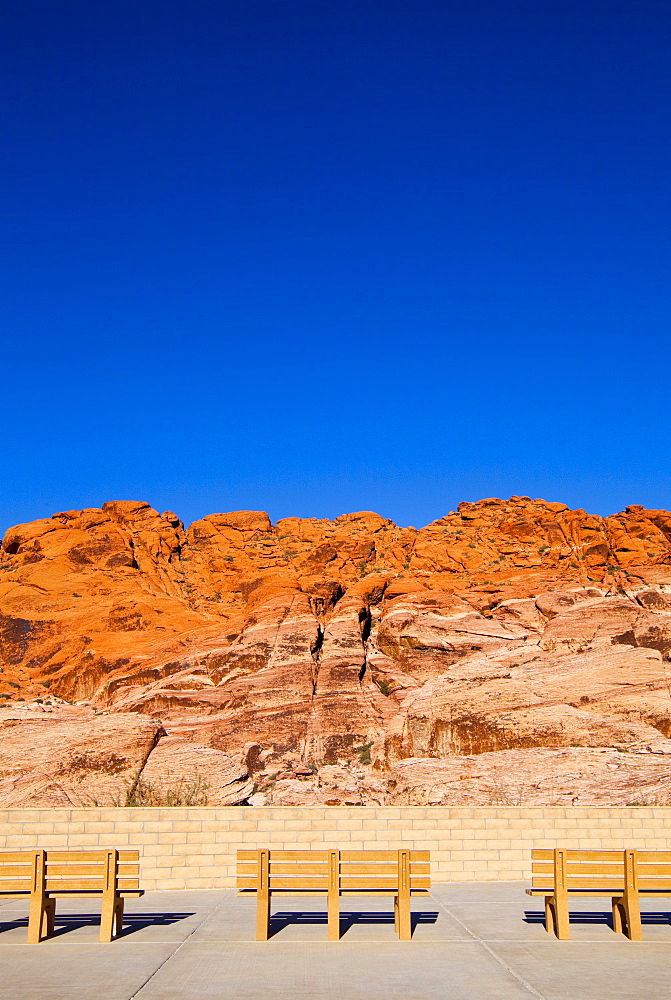 Park benches facing Red Rock Canyon, Nevada, United States, None, Nevada, USA