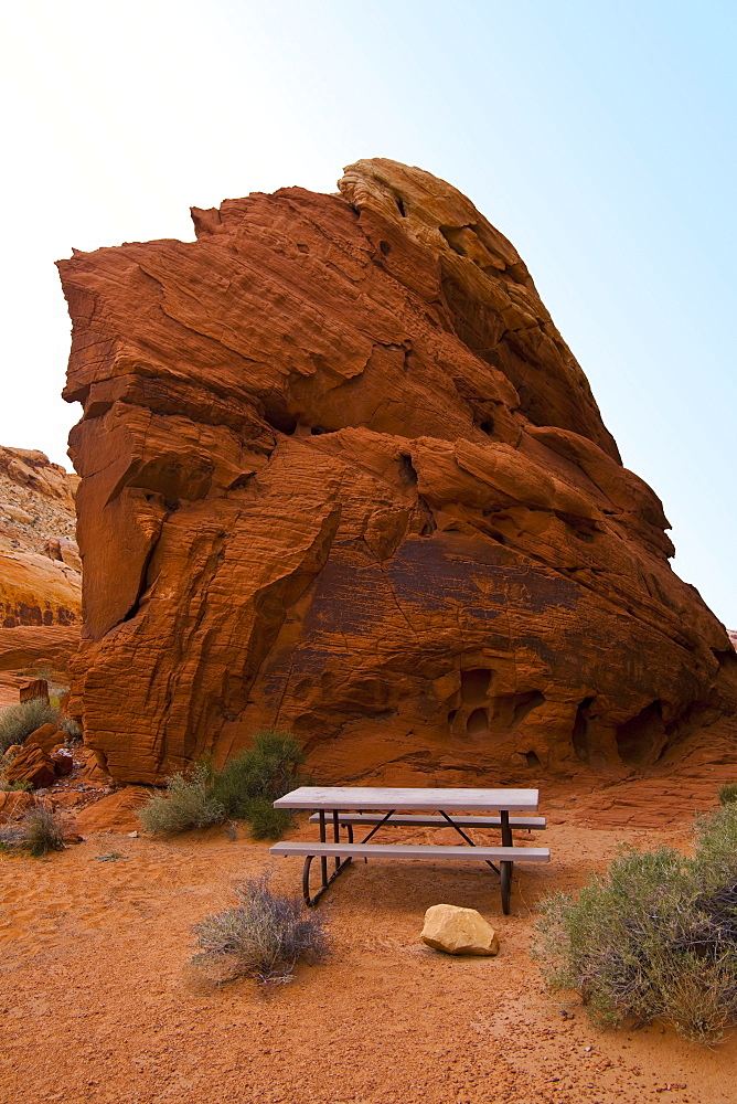 Picnic table in Valley of Fire State Park, Nevada, United States, None, Nevada, USA