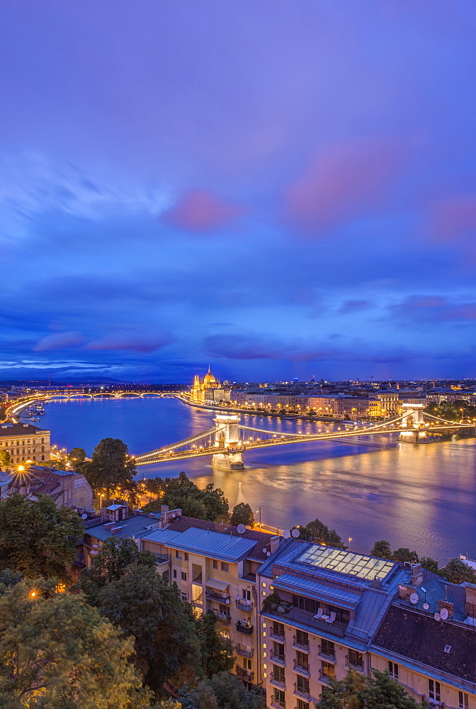 View of Chain Bridge illuminated at night, Budapest, Hungary