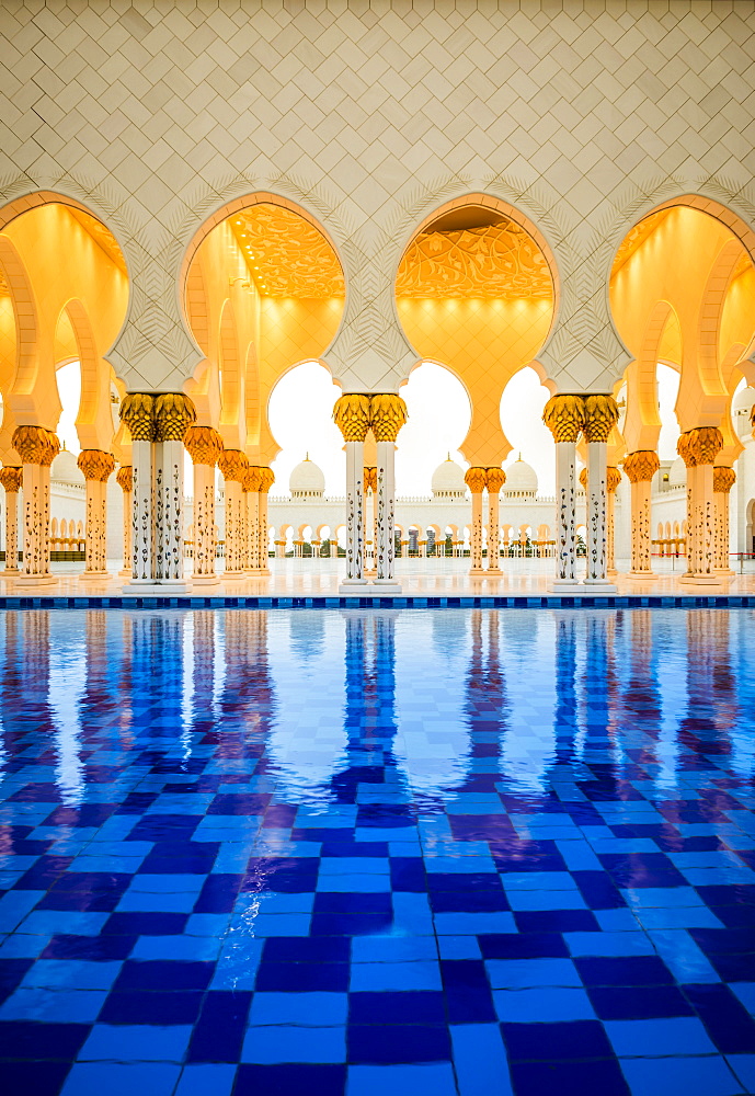 Ornate tiled arches of Grand Mosque, Abu Dhabi, United Arab Emirates