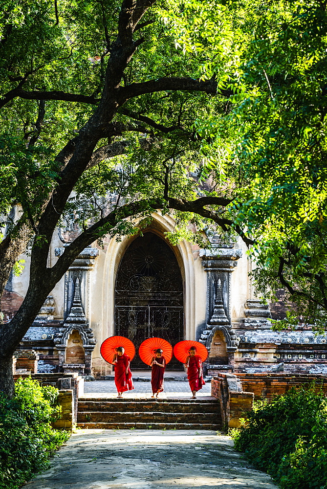 Asian Buddhist monks carrying umbrellas on staircase at Hsinbyume Pagoda, Mandalay, Sagaing, Myanmar