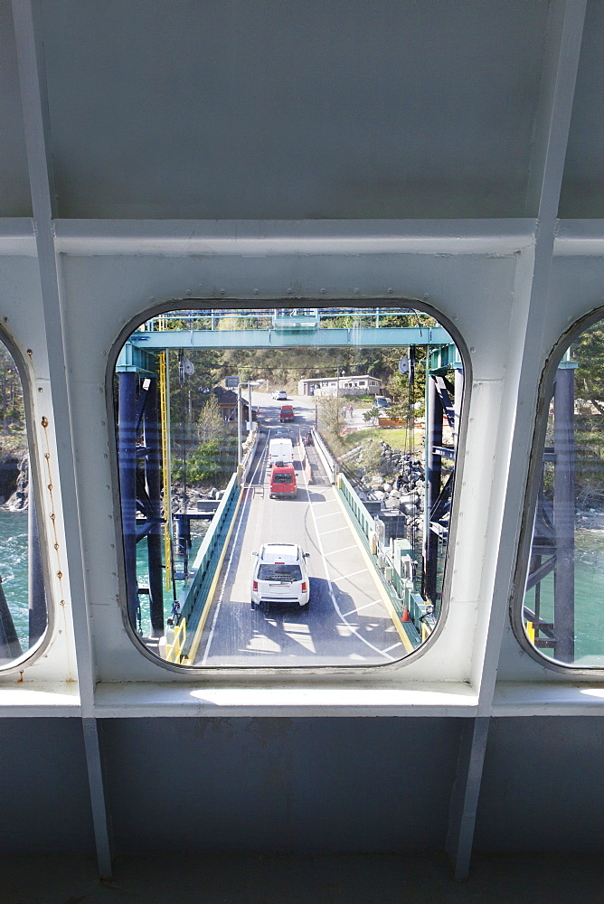 Bridge viewed through ferry boat window