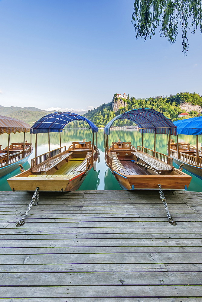 Boats parked on wooden dock on lake