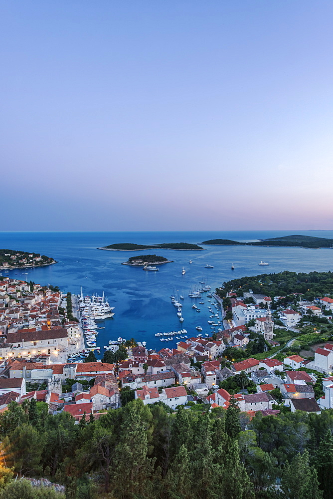 Aerial view of coastal town on hillside, Hvar, Split, Croatia