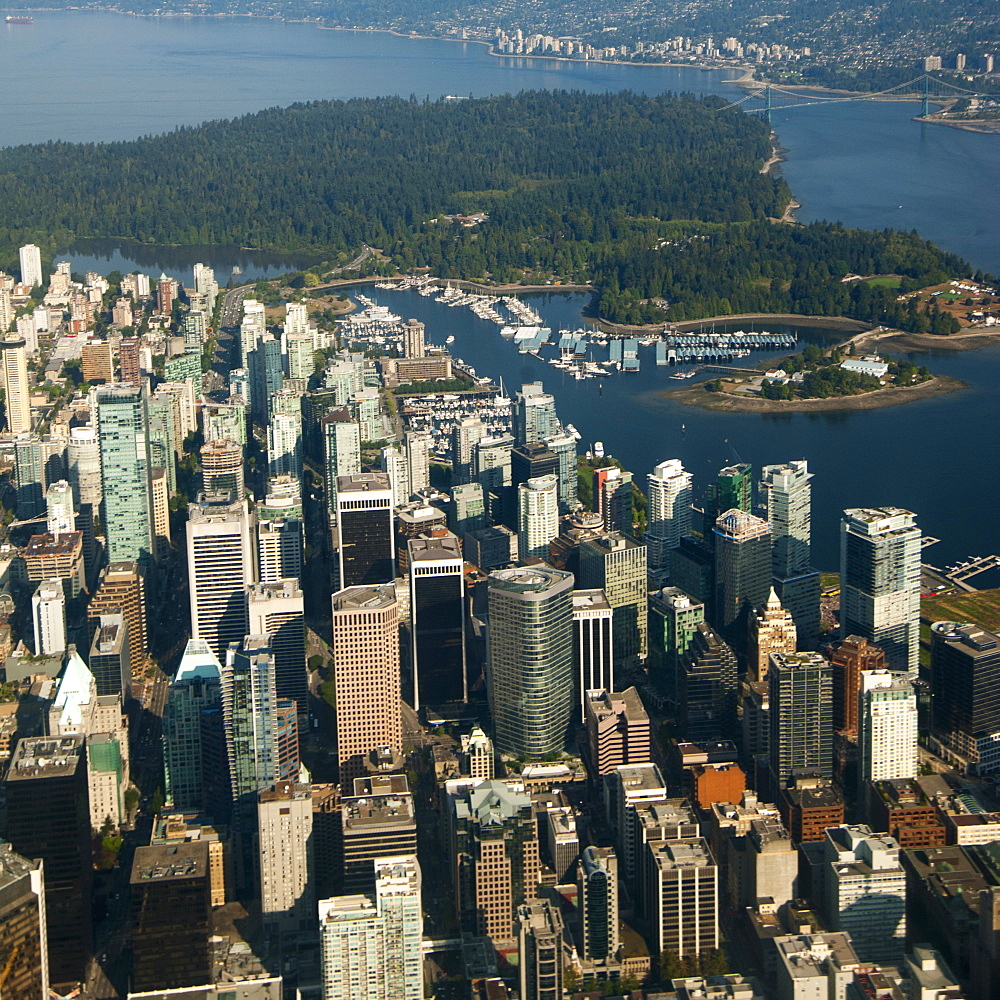 Aerial view of river and Vancouver cityscape, British Columbia, Canada