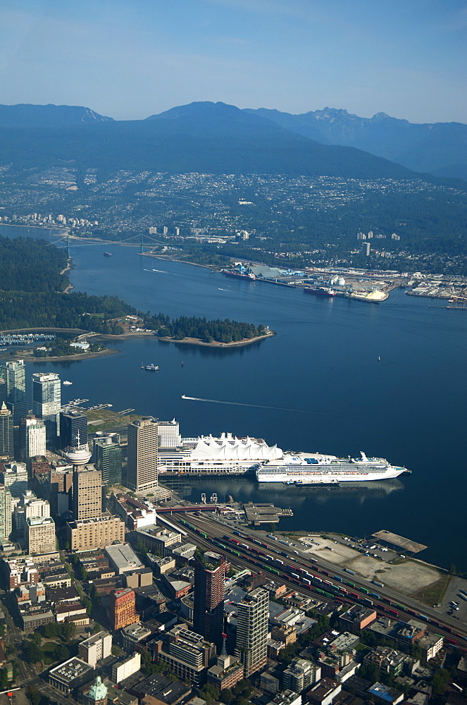 Aerial view of river and Vancouver cityscape, British Columbia, Canada