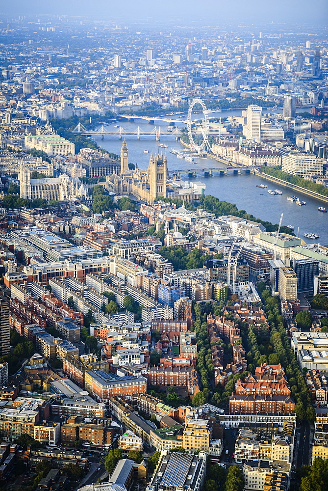 Aerial view of London cityscape and river, England