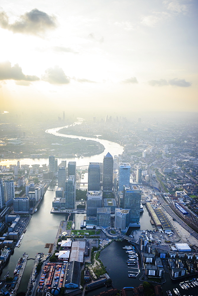 Aerial view of London cityscape and river, England