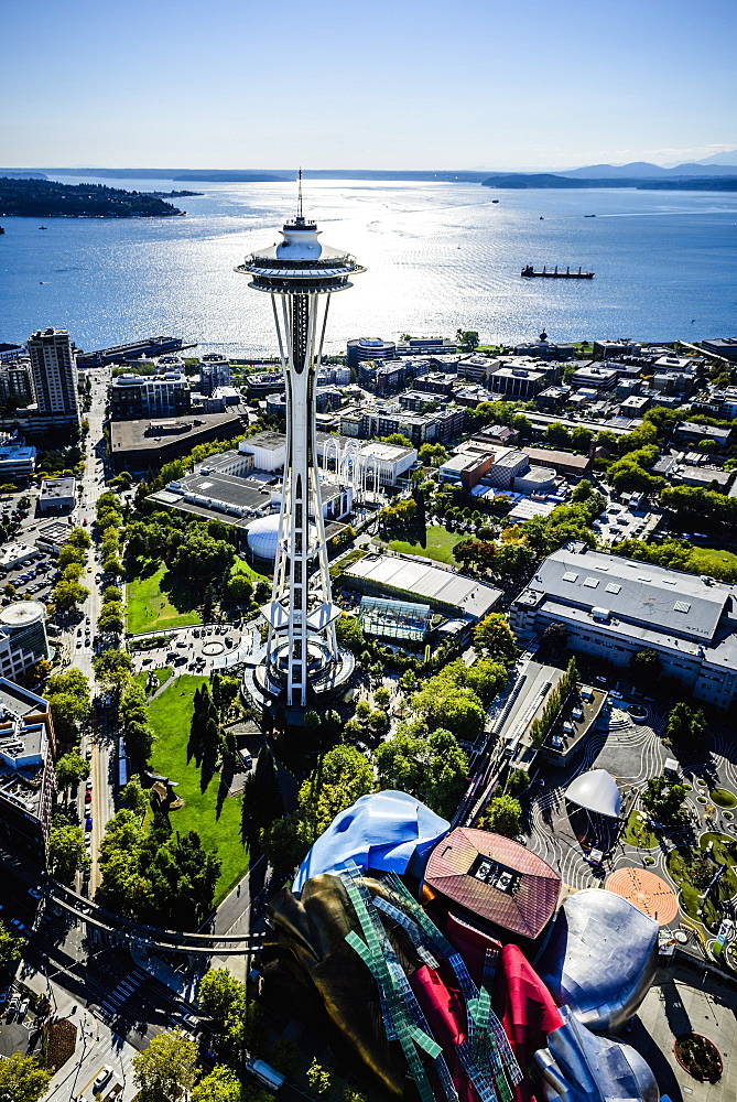 Aerial view of Space Needle in Seattle cityscape, Washington, United States, Seattle, Washington, USA