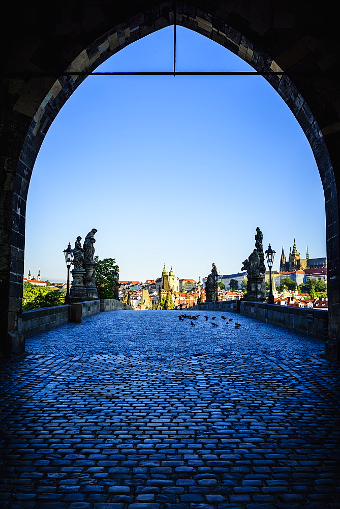 Arch over Prague cityscape, Czech Republic, Prague, Czechoslovakia