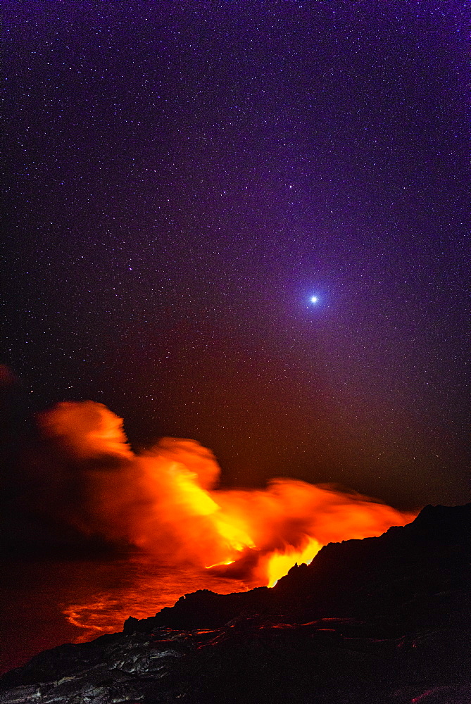 Smoke from molten lava at night, Big Island, Hawaii, USA