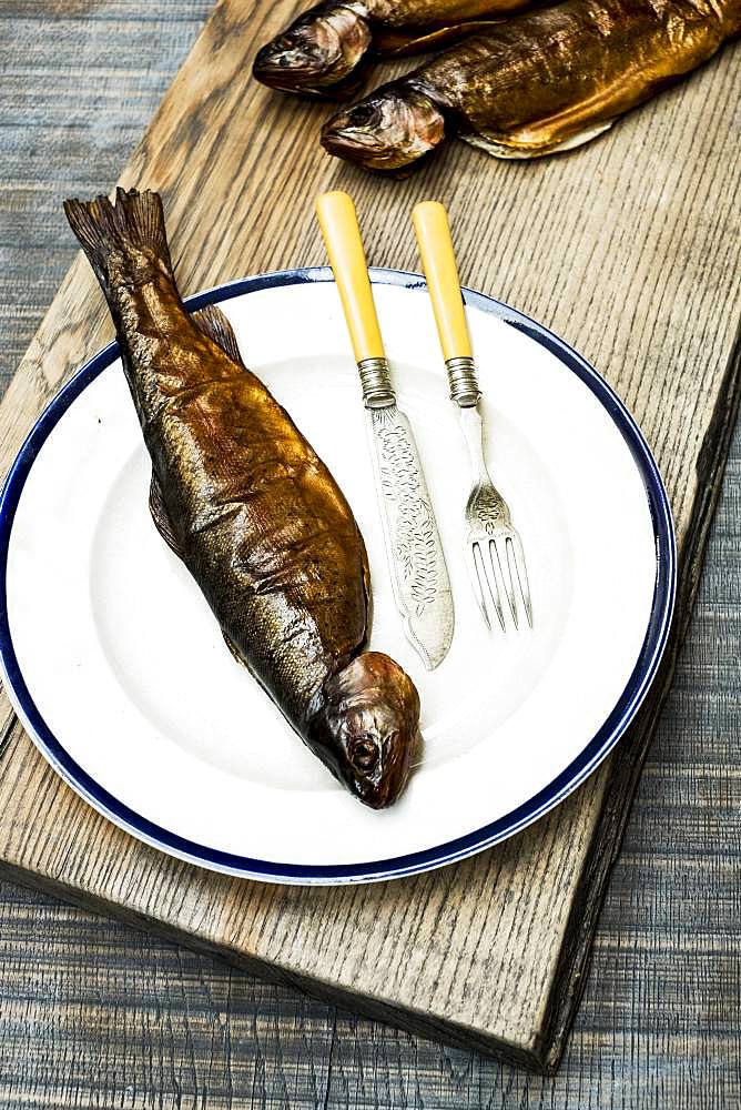 High angle close up of freshly smoked whole trout on a white plate