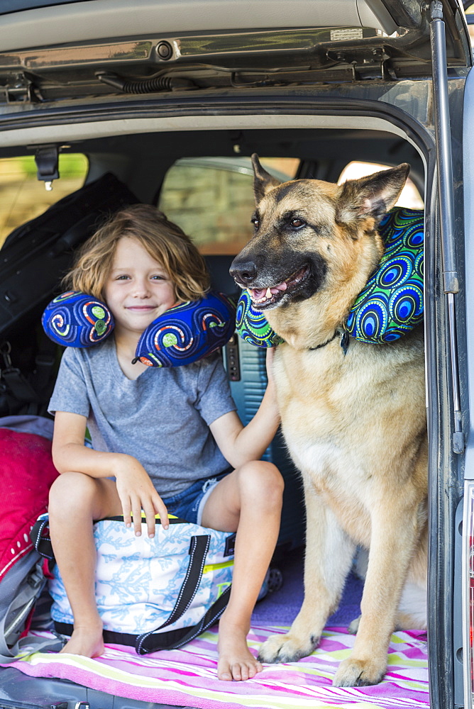 5 year old boy with his German Shepherd dog, in back of SUV