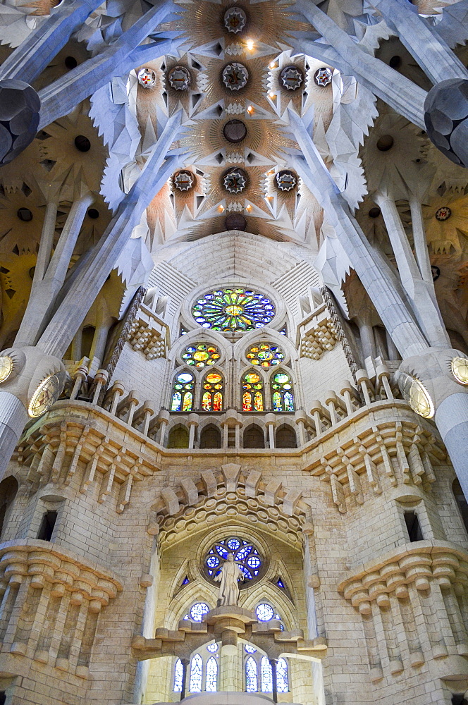 Low angle interior view of vaulting, Sagrada Familia, Barcelona, Catalonia, Spain