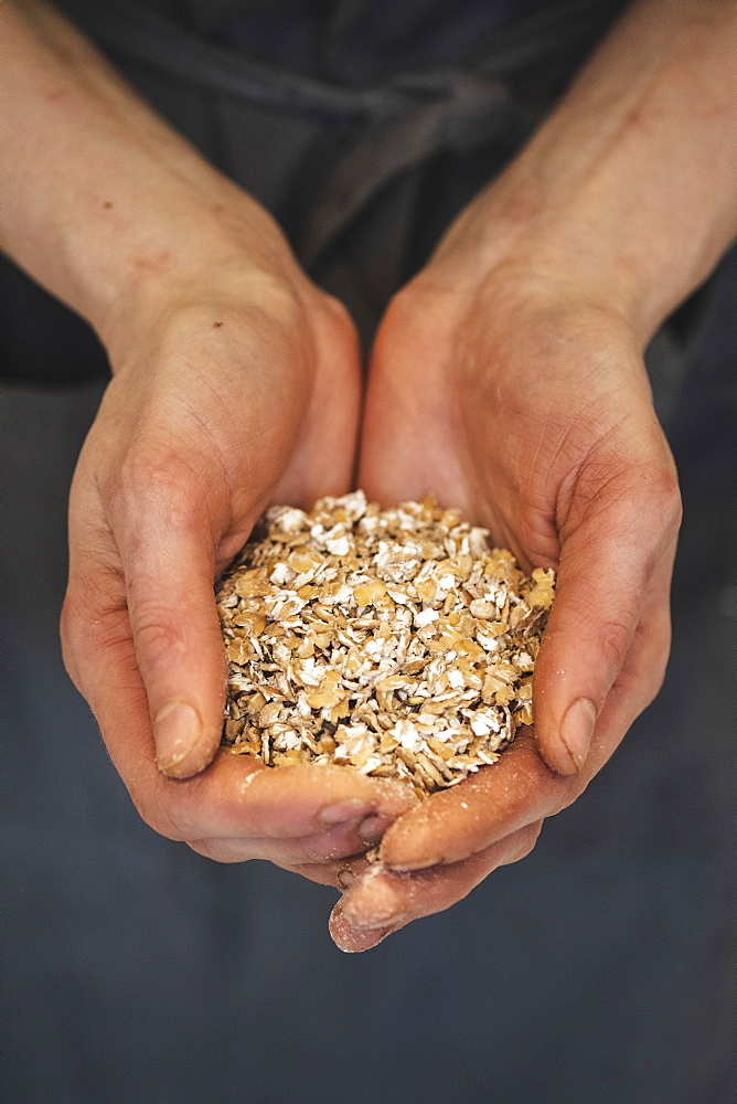 Hands full of special ingredients, flour and grains for sourdough bread