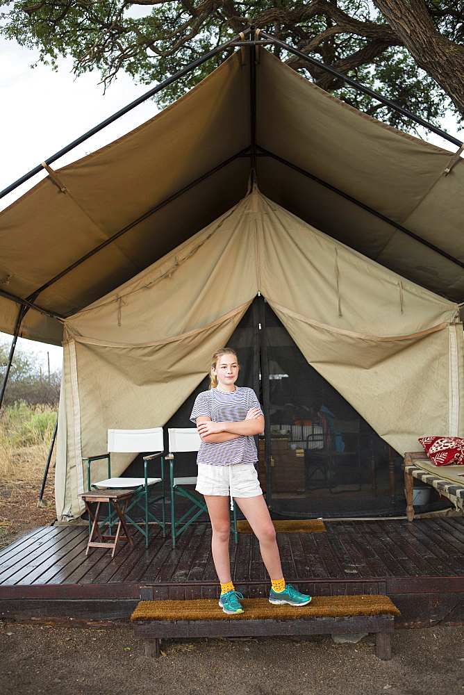 12 year old girl and tent, Kalahari Desert, Makgadikgadi Salt Pans, Botswana