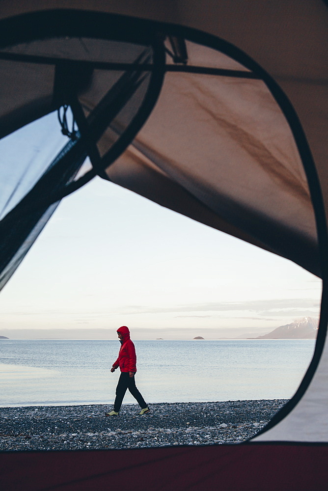 View through doorway of camping tent of woman walking on beach Muir Inlet in distance, Glacier Bay National Park, Alaska