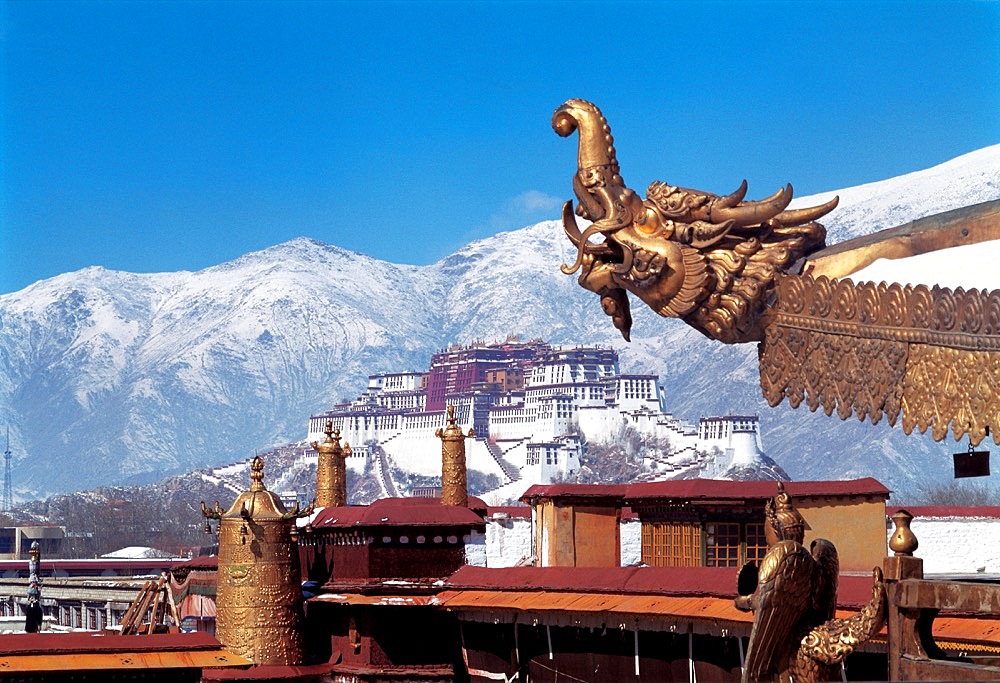 A distance view of Potala Palace from Jokhang Lamasery, Lhasa