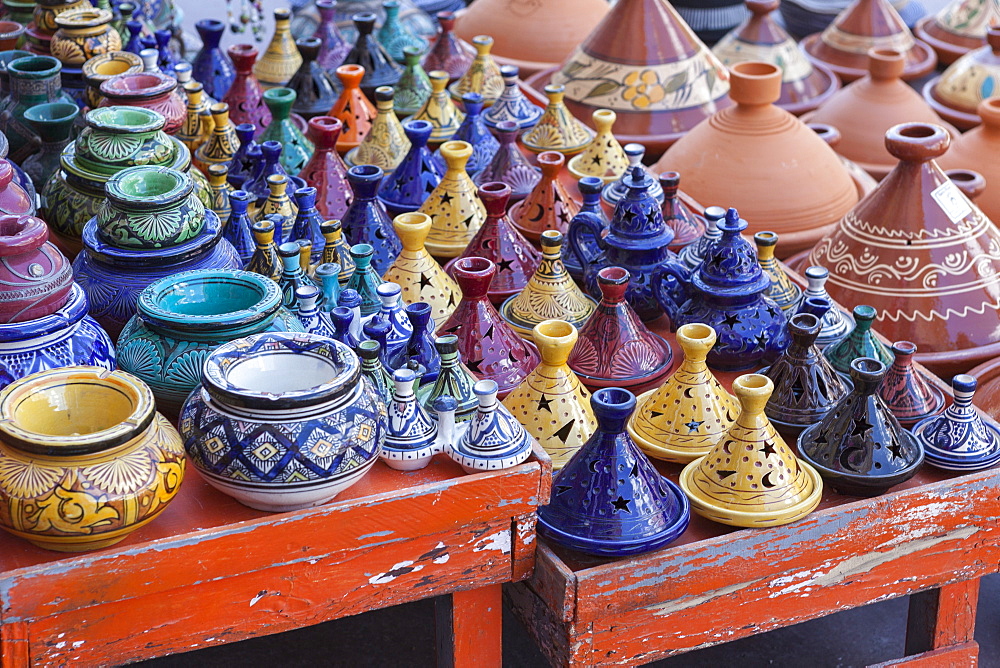 A street seller's wares, including tagines and clay pots near the Kasbah, Marrakesh, Morocco, North Africa, Africa