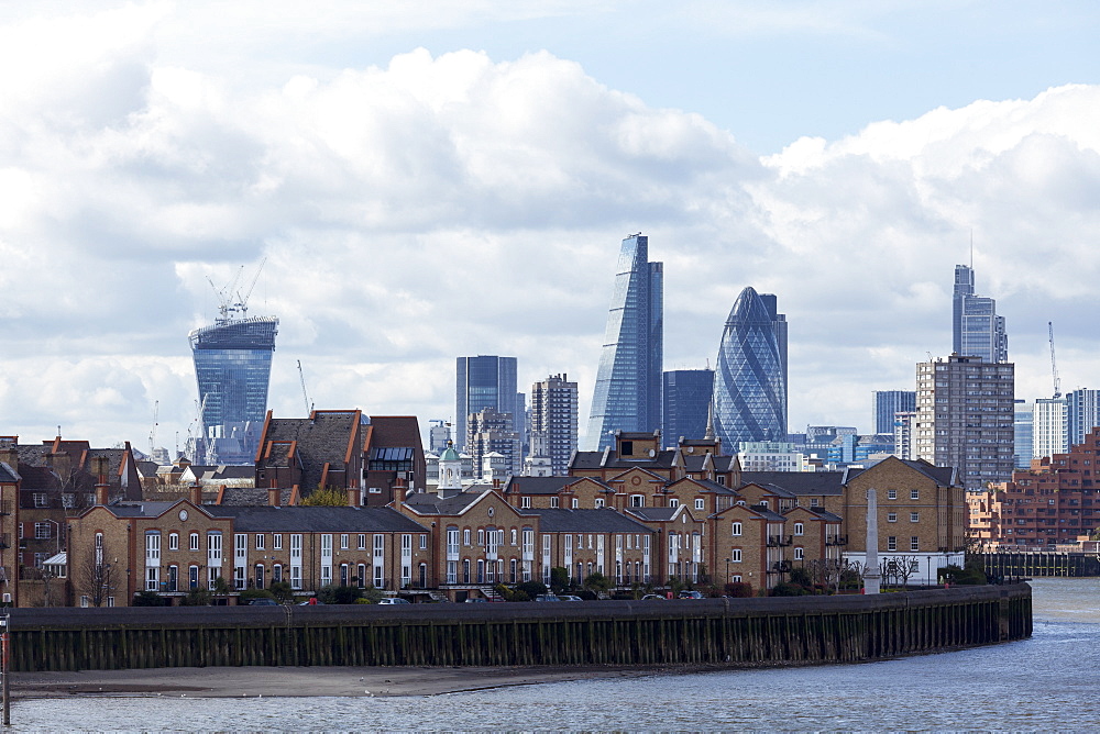 View of the City of London skyline, including the Gherkin and the Walkie Talkie buildings, taken from Canary Wharf, London, England, United Kingdom, Europe 