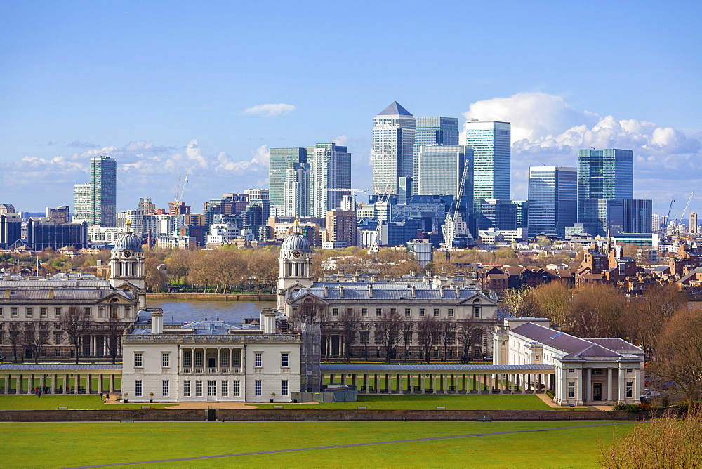 View of the The Old Royal Naval College and Canary Wharf, taken from Greenwich Park, London, England, United Kingdom, Europe 