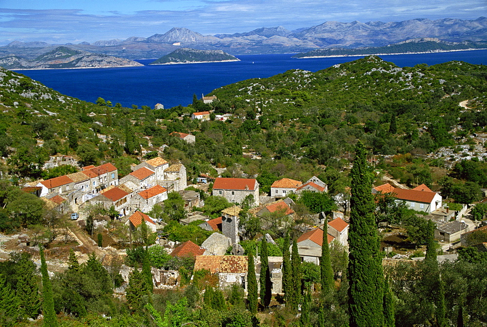 Aerial view over village of Korita, and hills to the coast on Mljet Island, Dalmatian Coast, Croatia, Europe