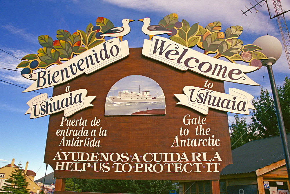 A welcome sign board to the town of Ushuaia on Tierra del Fuego, Argentina, South America