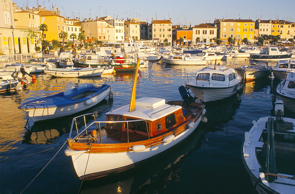 Harbour at sunset, Rovinj, Istria, Croatia, Europe