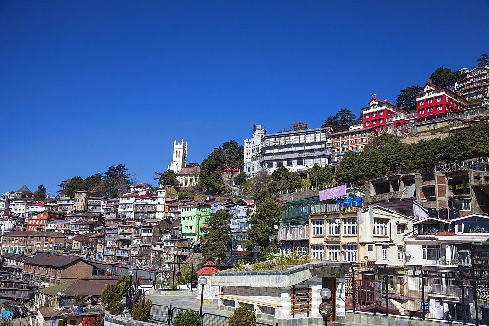 View over city looking towards Christ Church, Shimla (Simla), Himachal Pradesh, India, Asia