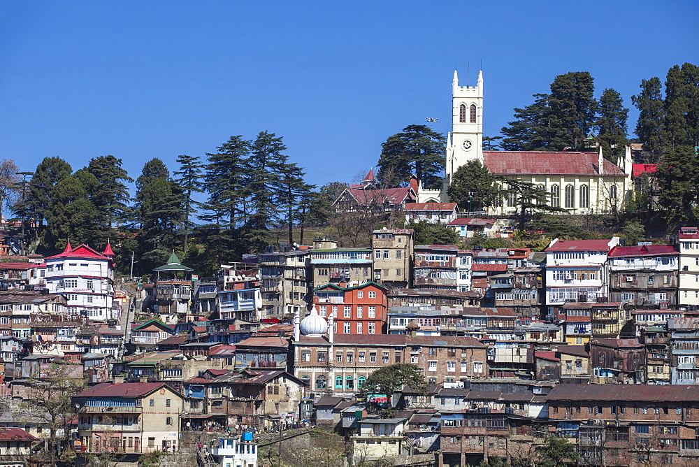 View over city looking towards Christ Church, Shimla (Simla), Himachal Pradesh, India, Asia