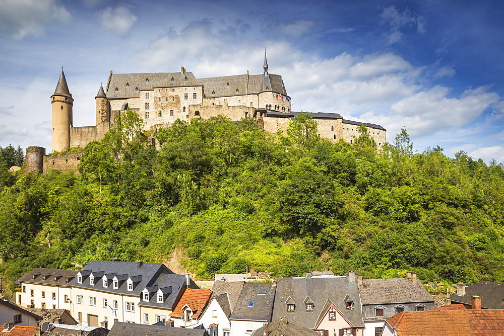 View of Vianden Castle above the town, Vianden, Luxembourg, Europe