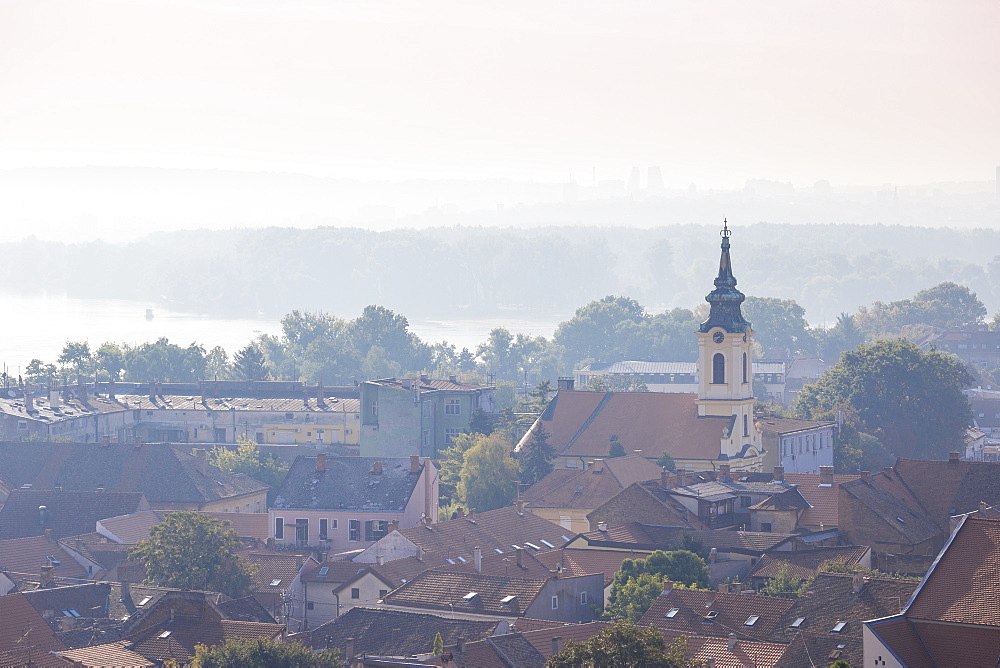 View of Zemun rooftops, Crkva Uznesenja blazene Djevice Marije Church and the Danube River, Zemun, Belgrade, Serbia, Europe