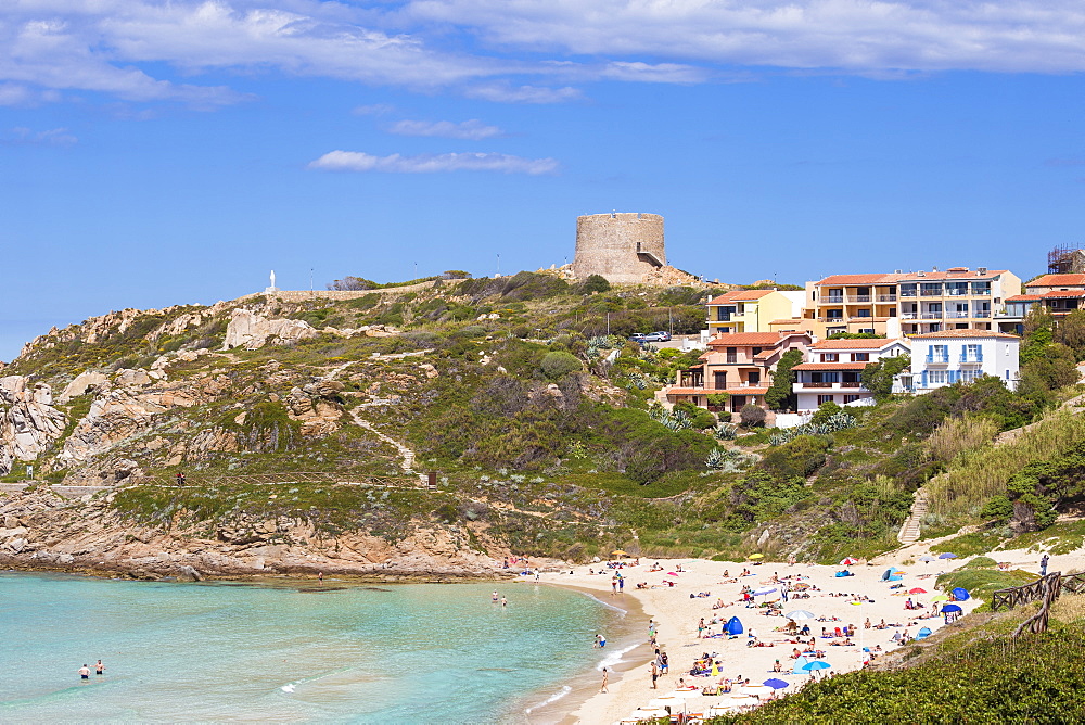 Rena Bianca beach and Longosardo (Longonsardo) Tower, Santa Teresa Gallura, Sardinia, Italy, Mediterranean, Europe