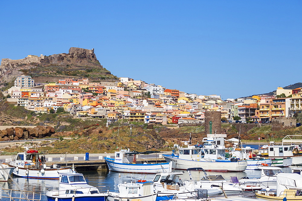 View over marina towards ancient castle, Castelsardo, Sassari Province, Sardinia, Italy, Mediterranean, Europe