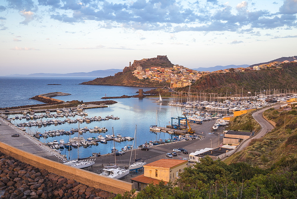 View over marina towards ancient castle, Castelsardo, Sassari Province, Sardinia, Italy, Mediterranean, Europe