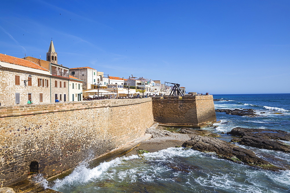 View of ancient city walls and the historical center, Alghero, Sardinia, Italy, Mediterranean, Europe